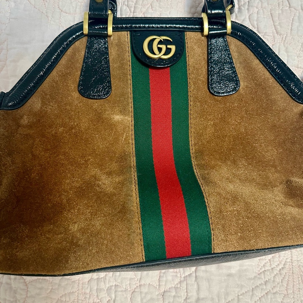 Authentic Gucci Suede Ophidia Handbag with Green and Red Stripe.